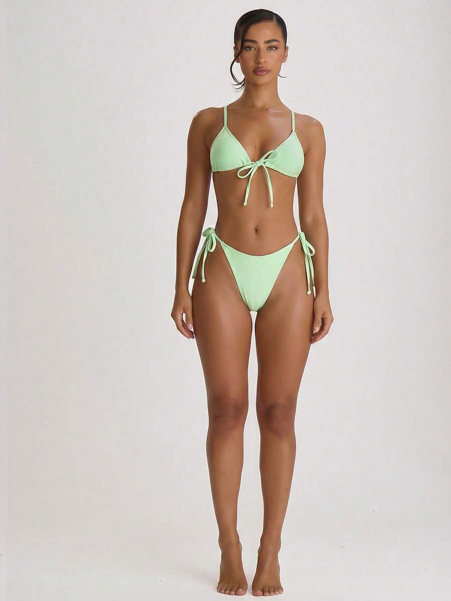 Tie Side Scooped Front Thong Bikini Bottoms – Summer Beach Vacation Swimwear