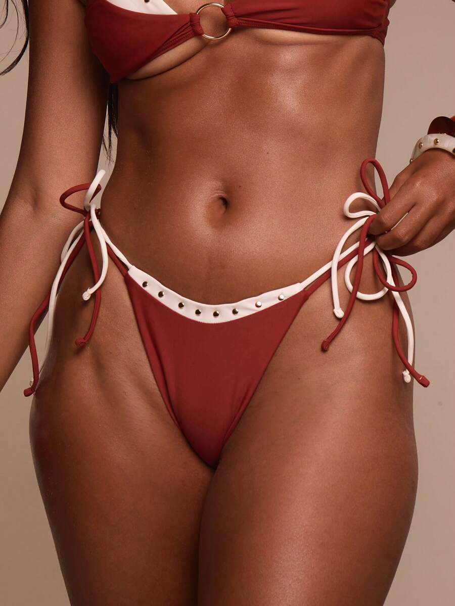 Studded Lace-Up Tie Side Bikini Bottoms – Summer Beach Vacation Swimwear