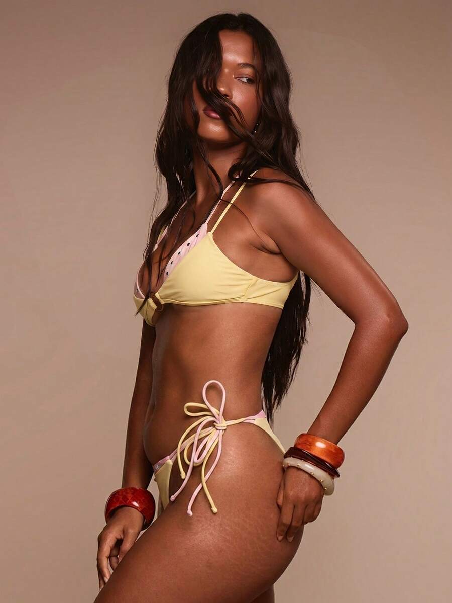 Studded Ring Detail Triangle Halter Bikini Top – Summer Beach Vacation Swimwear