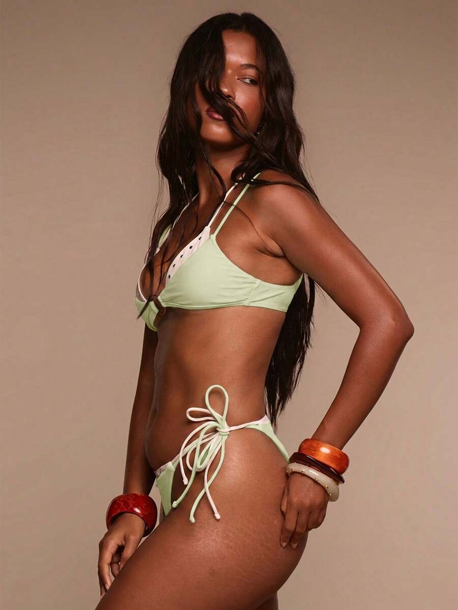 Studded Ring Detail Triangle Halter Bikini Top – Summer Beach Vacation Swimwear