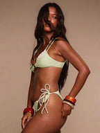 Studded Ring Detail Triangle Halter Bikini Top – Summer Beach Vacation Swimwear