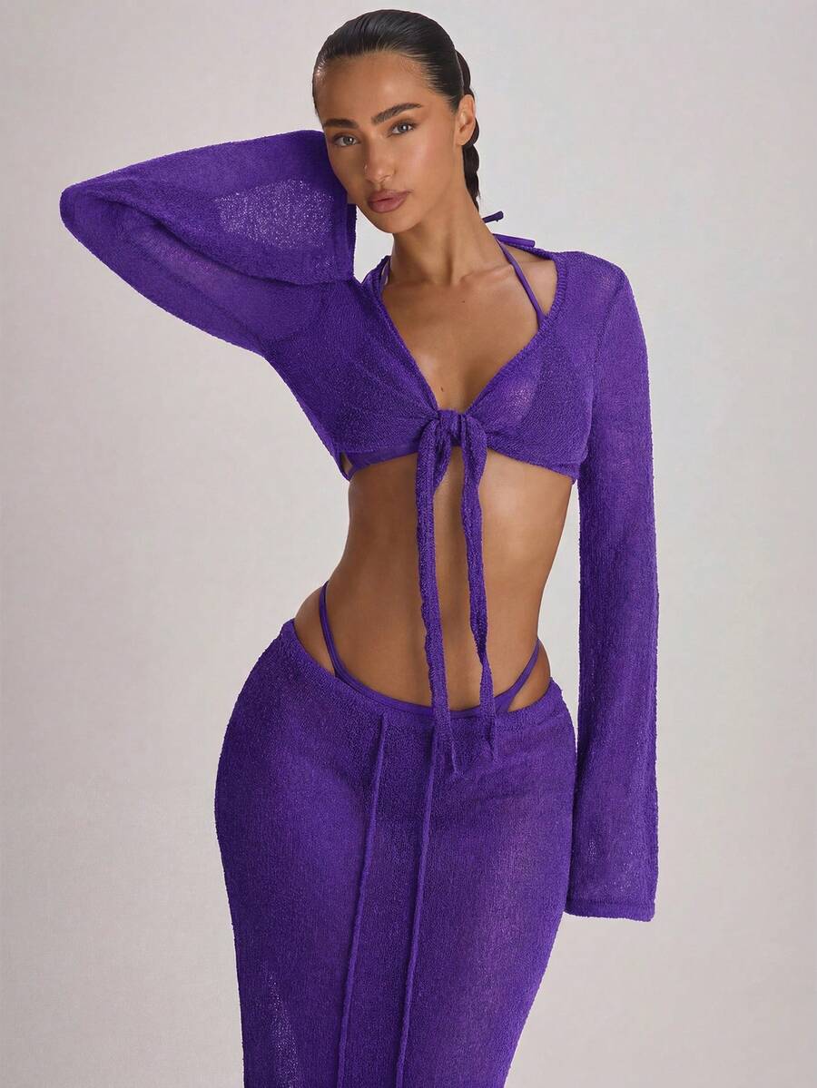 Knit Flared Sleeve Tie Front Cropped Cover-Up Top – Summer Vacation Swimwear