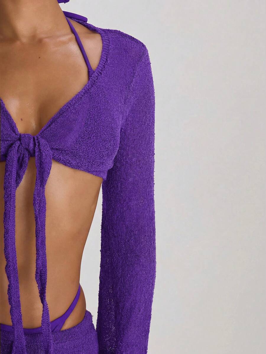 Knit Flared Sleeve Tie Front Cropped Cover-Up Top – Summer Vacation Swimwear