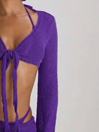 Knit Flared Sleeve Tie Front Cropped Cover-Up Top – Summer Vacation Swimwear