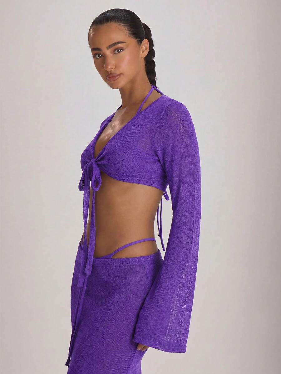 Knit Flared Sleeve Tie Front Cropped Cover-Up Top – Summer Vacation Swimwear