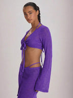 Knit Flared Sleeve Tie Front Cropped Cover-Up Top – Summer Vacation Swimwear