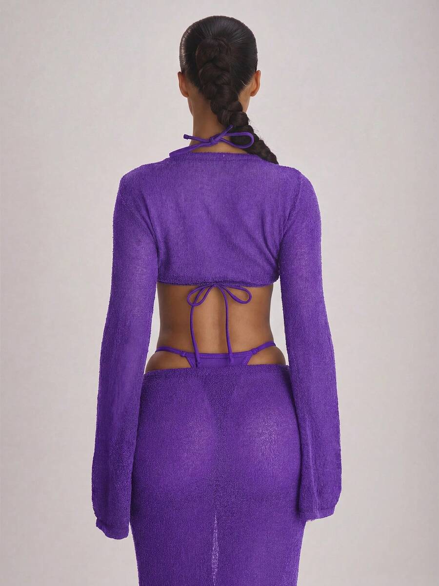 Knit Flared Sleeve Tie Front Cropped Cover-Up Top – Summer Vacation Swimwear