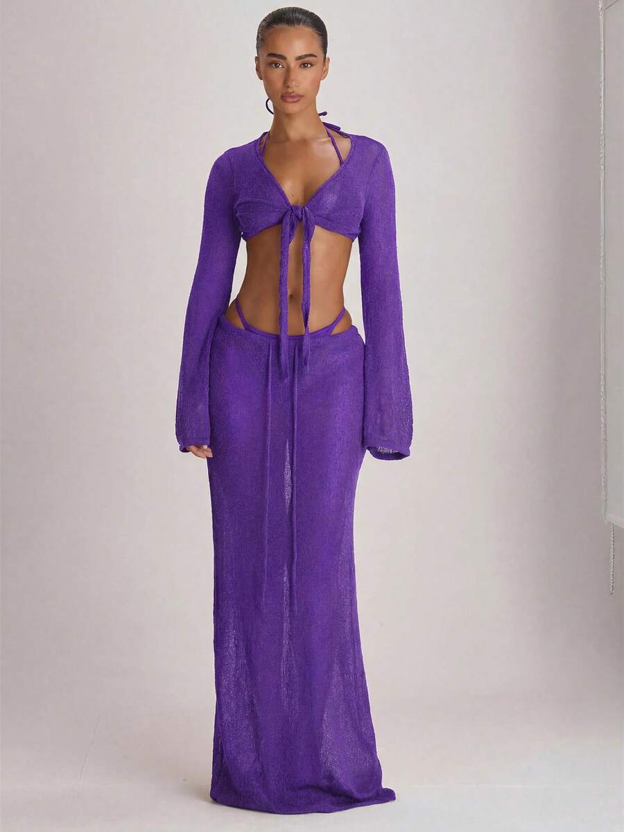 Knit Flared Sleeve Tie Front Cropped Cover-Up Top – Summer Vacation Swimwear
