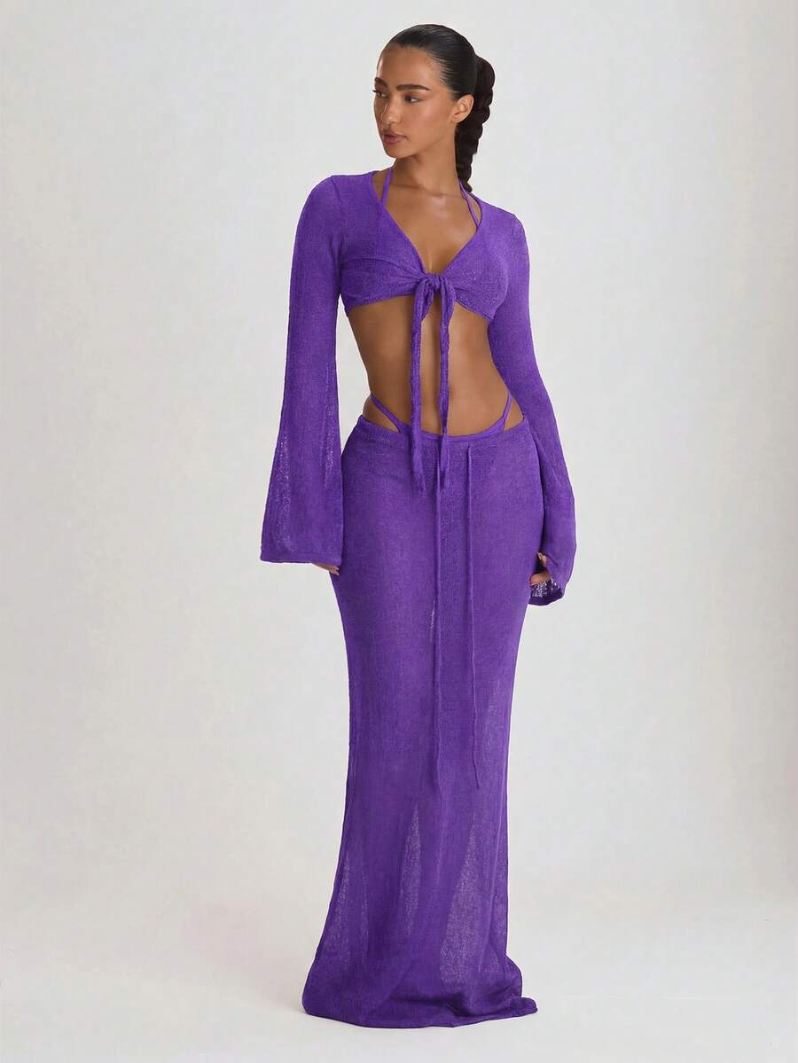 Knit Tie Front Maxi Skirt Beach Cover-Up – Summer Vacation Swimwear