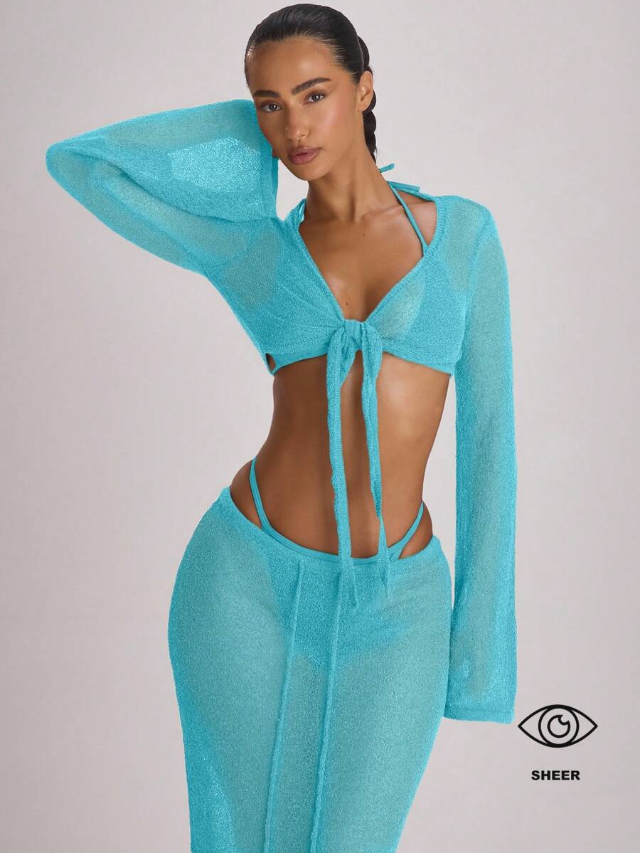 Knit Flared Sleeve Tie Front Cropped Cover-Up Top – Summer Vacation Swimwear