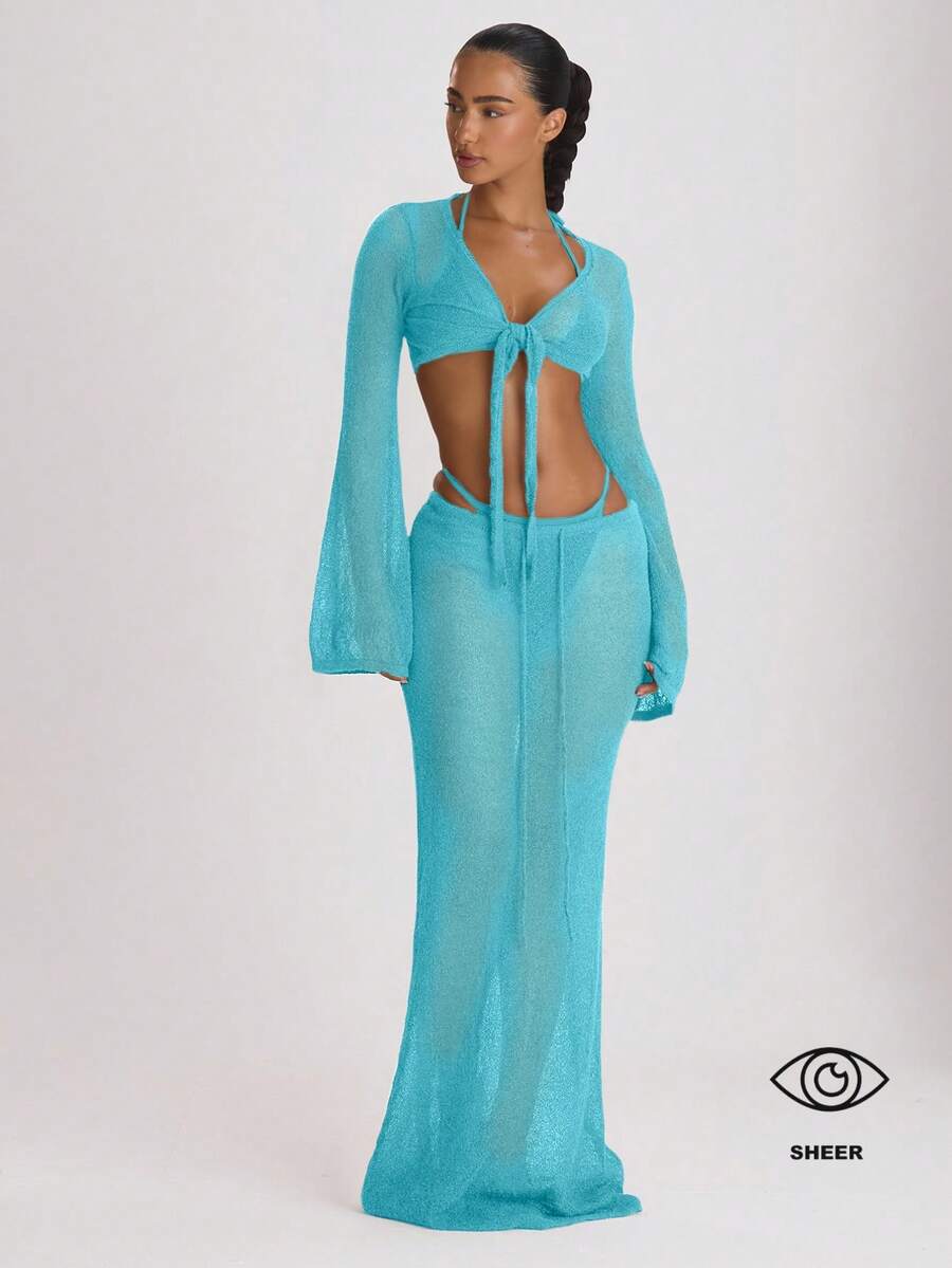 Knit Tie Front Maxi Skirt Beach Cover-Up – Summer Vacation Swimwear