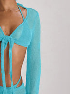 Knit Flared Sleeve Tie Front Cropped Cover-Up Top – Summer Vacation Swimwear