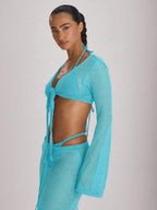 Knit Flared Sleeve Tie Front Cropped Cover-Up Top – Summer Vacation Swimwear