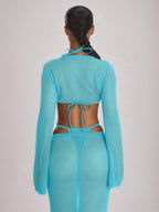 Knit Flared Sleeve Tie Front Cropped Cover-Up Top – Summer Vacation Swimwear