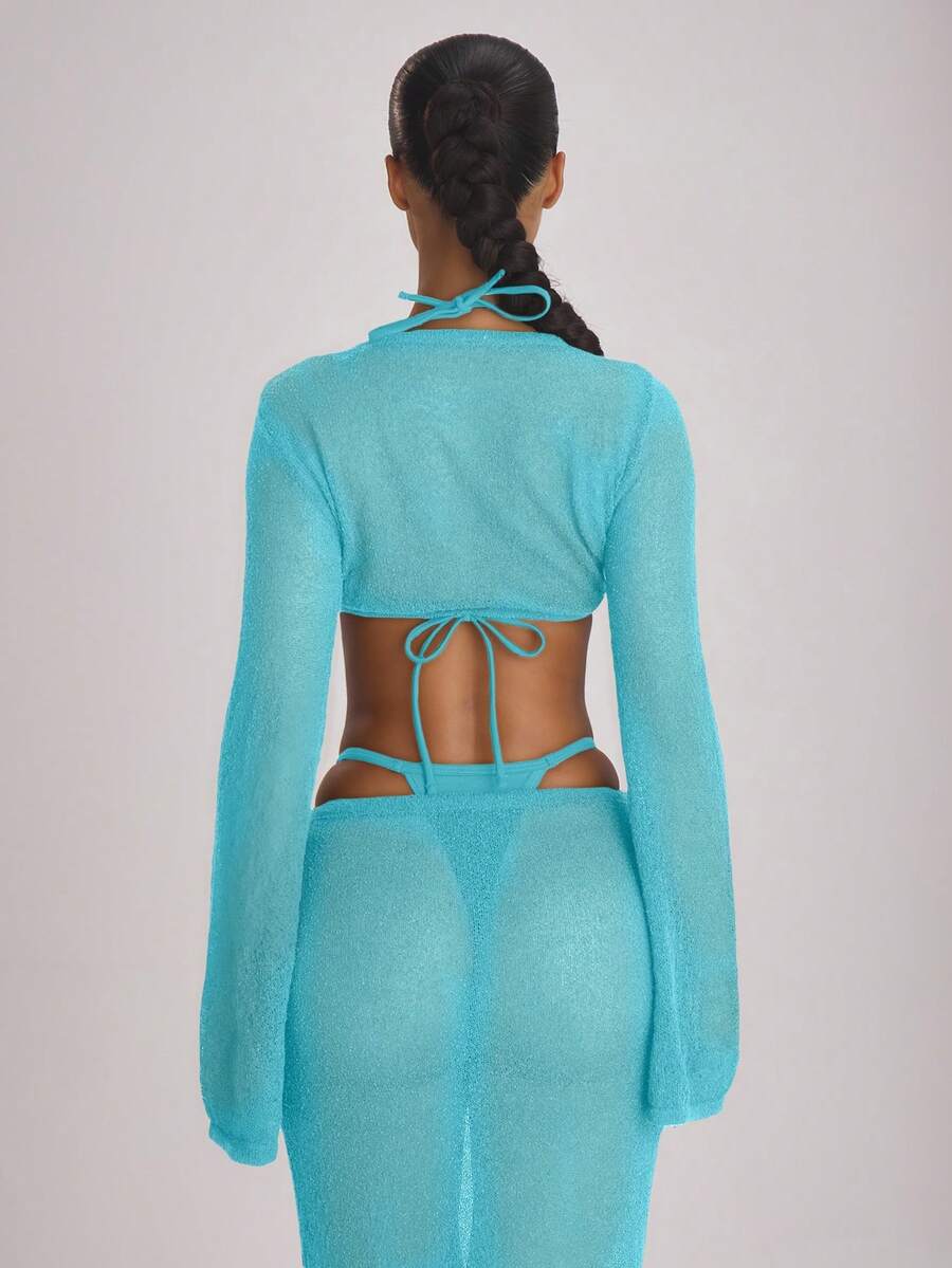 Knit Flared Sleeve Tie Front Cropped Cover-Up Top – Summer Vacation Swimwear
