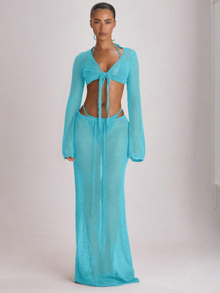 Knit Flared Sleeve Tie Front Cropped Cover-Up Top – Summer Vacation Swimwear