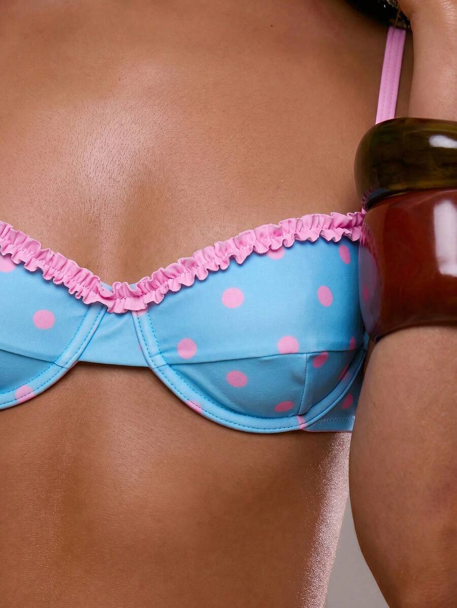 Gingham Frill Cup Halter Bikini Top – Summer Beach Vacation Swimwear