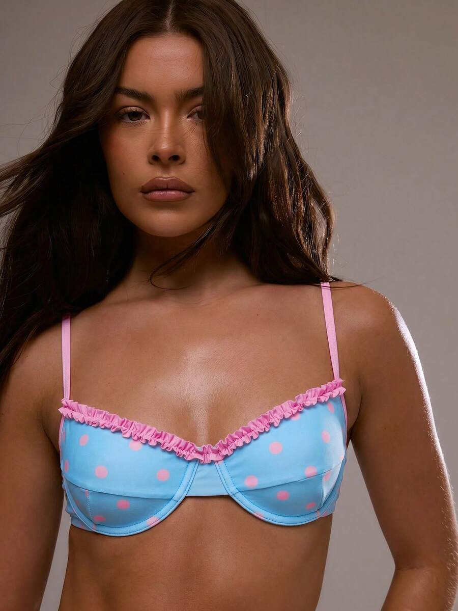 Gingham Frill Cup Halter Bikini Top – Summer Beach Vacation Swimwear