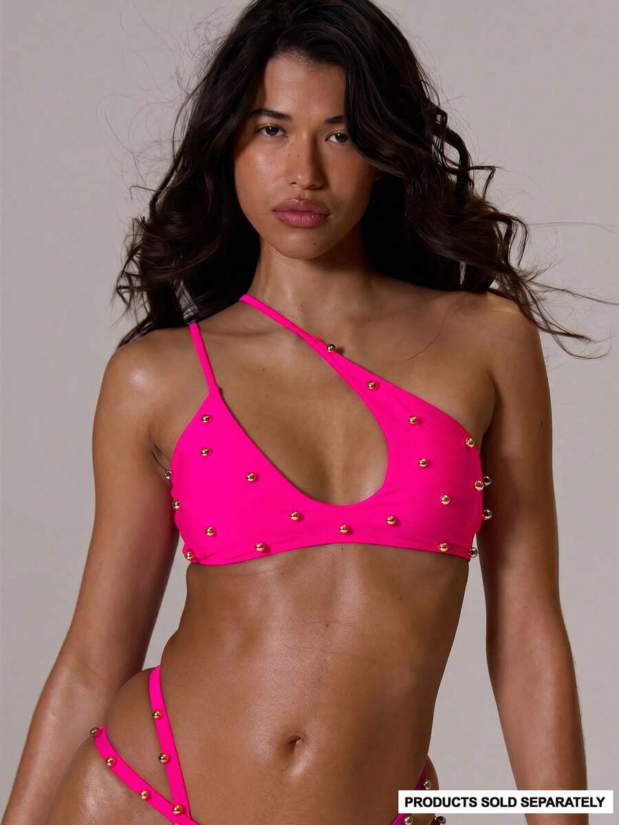Silver Beaded Asymmetric Halter Bikini Top – Summer Beach Vacation Swimwear