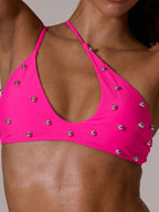 Silver Beaded Asymmetric Halter Bikini Top – Summer Beach Vacation Swimwear