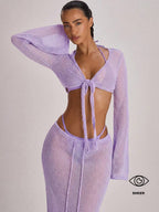 Knit Flared Sleeve Tie Front Cropped Cover-Up Top – Summer Vacation Swimwear