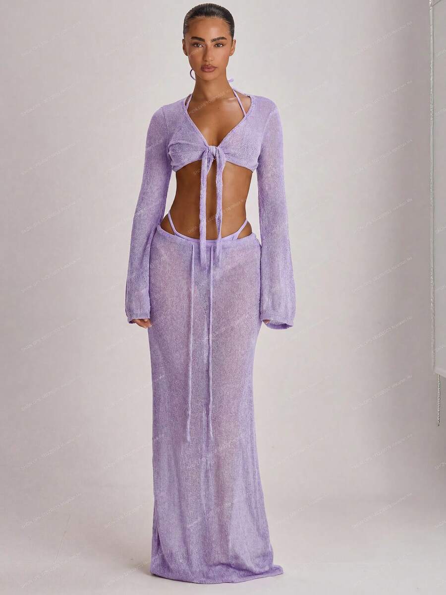 Knit Flared Sleeve Tie Front Cropped Cover-Up Top – Summer Vacation Swimwear