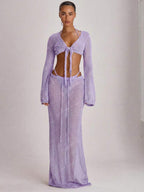 Knit Flared Sleeve Tie Front Cropped Cover-Up Top – Summer Vacation Swimwear