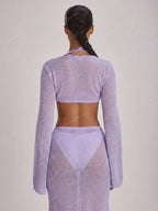 Knit Flared Sleeve Tie Front Cropped Cover-Up Top – Summer Vacation Swimwear