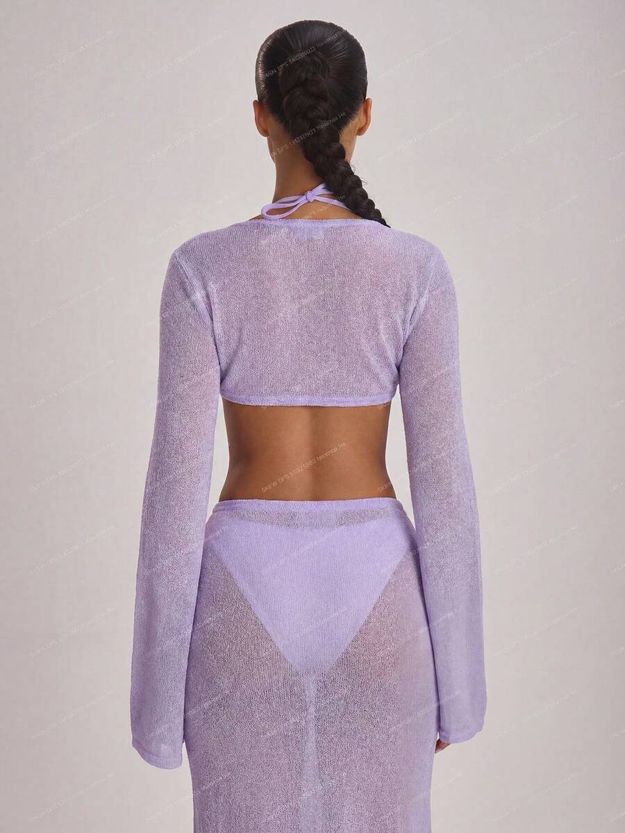 Knit Flared Sleeve Tie Front Cropped Cover-Up Top – Summer Vacation Swimwear