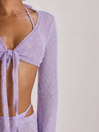 Knit Flared Sleeve Tie Front Cropped Cover-Up Top – Summer Vacation Swimwear