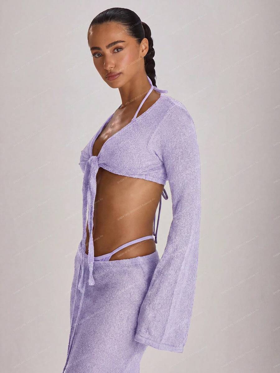 Knit Flared Sleeve Tie Front Cropped Cover-Up Top – Summer Vacation Swimwear