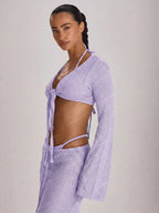 Knit Flared Sleeve Tie Front Cropped Cover-Up Top – Summer Vacation Swimwear