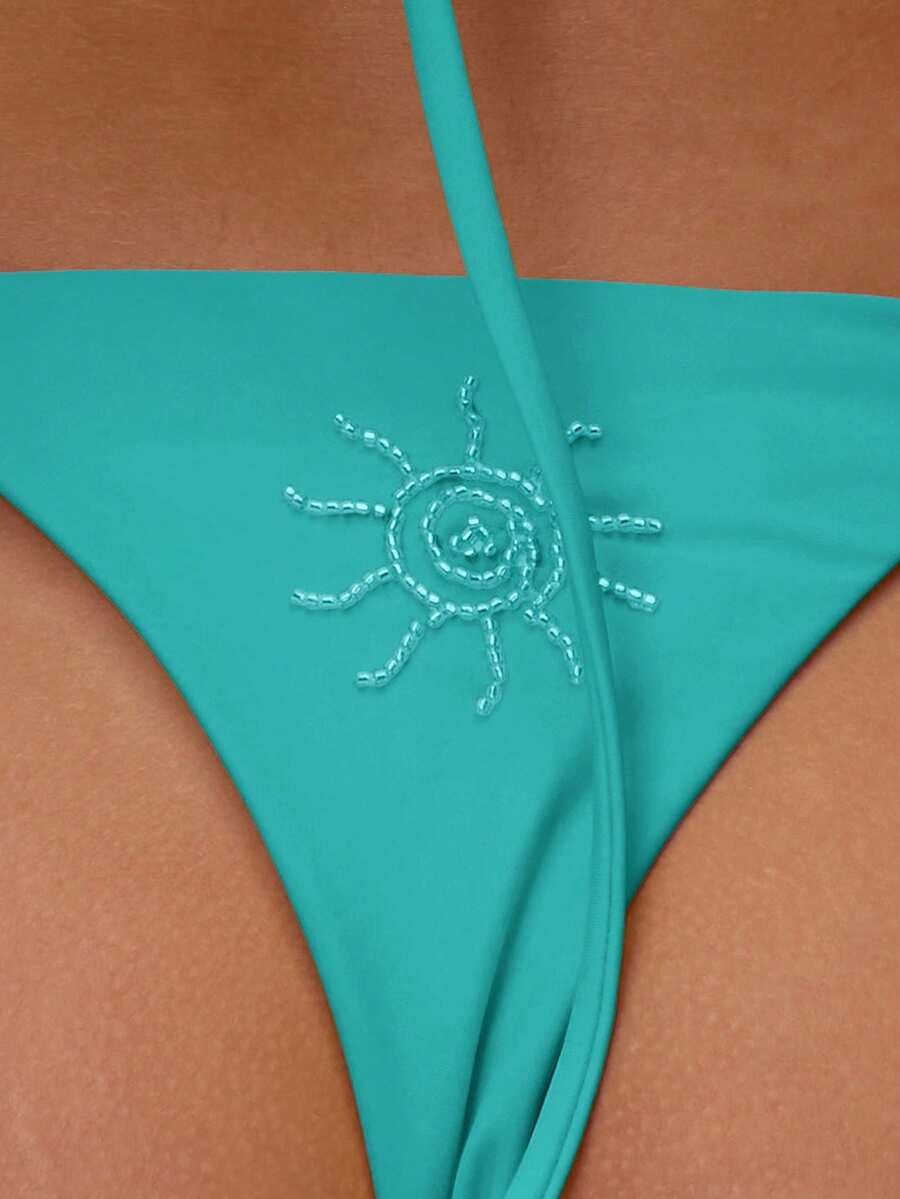 Beaded Sun Applique Tie Side Bikini Bottoms – Summer Beach Vacation Swimwear