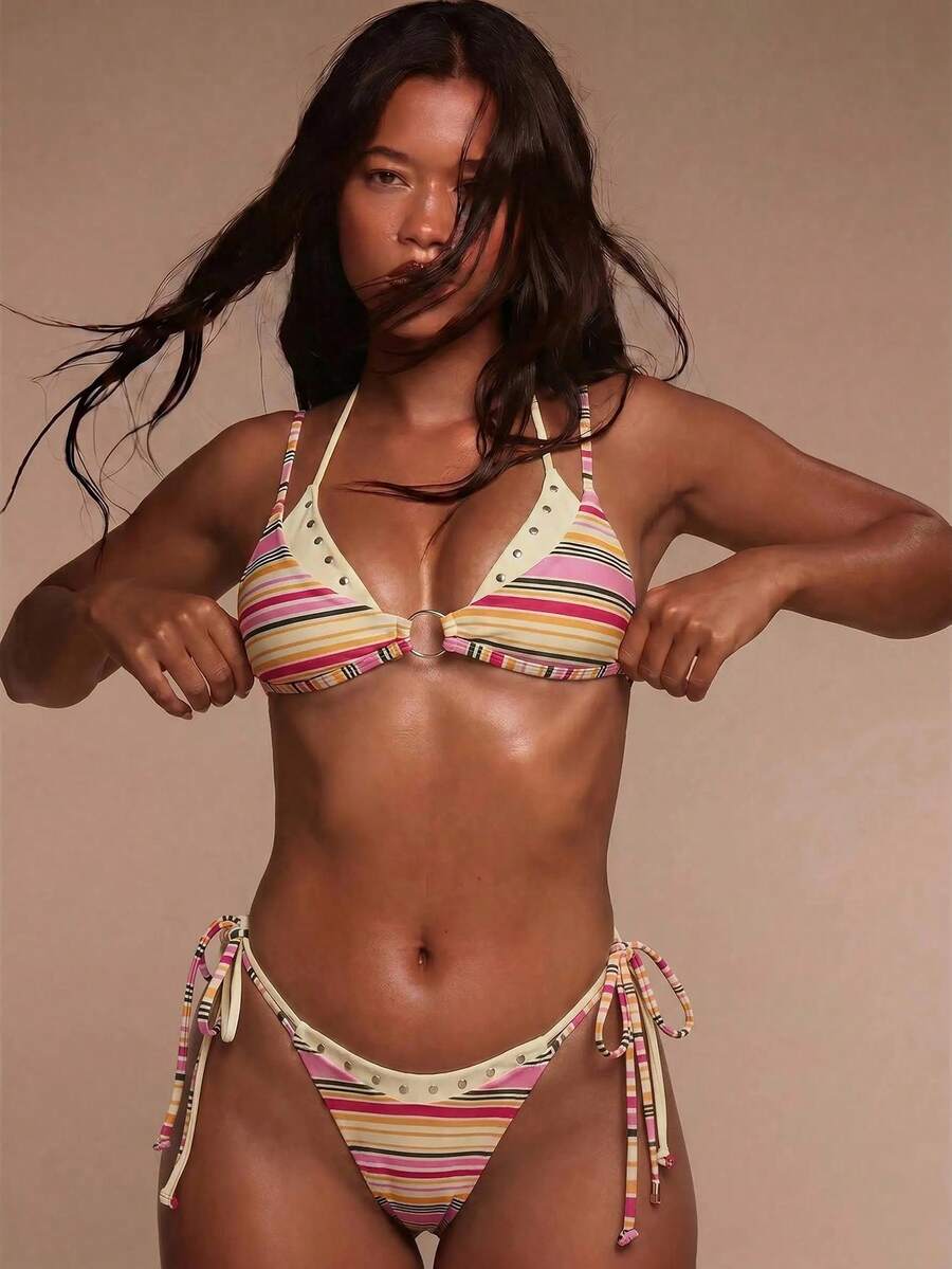 Studded Lace-Up Tie Side Bikini Bottoms – Summer Beach Vacation Swimwear