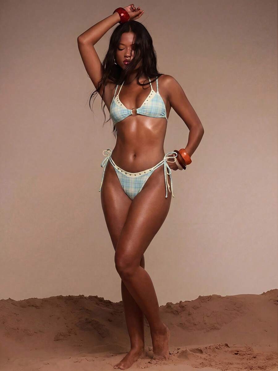 Studded Lace-Up Tie Side Bikini Bottoms – Summer Beach Vacation Swimwear