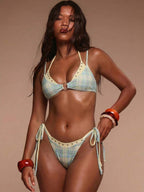 Studded Ring Detail Triangle Halter Bikini Top – Summer Beach Vacation Swimwear