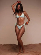 Studded Ring Detail Triangle Halter Bikini Top – Summer Beach Vacation Swimwear