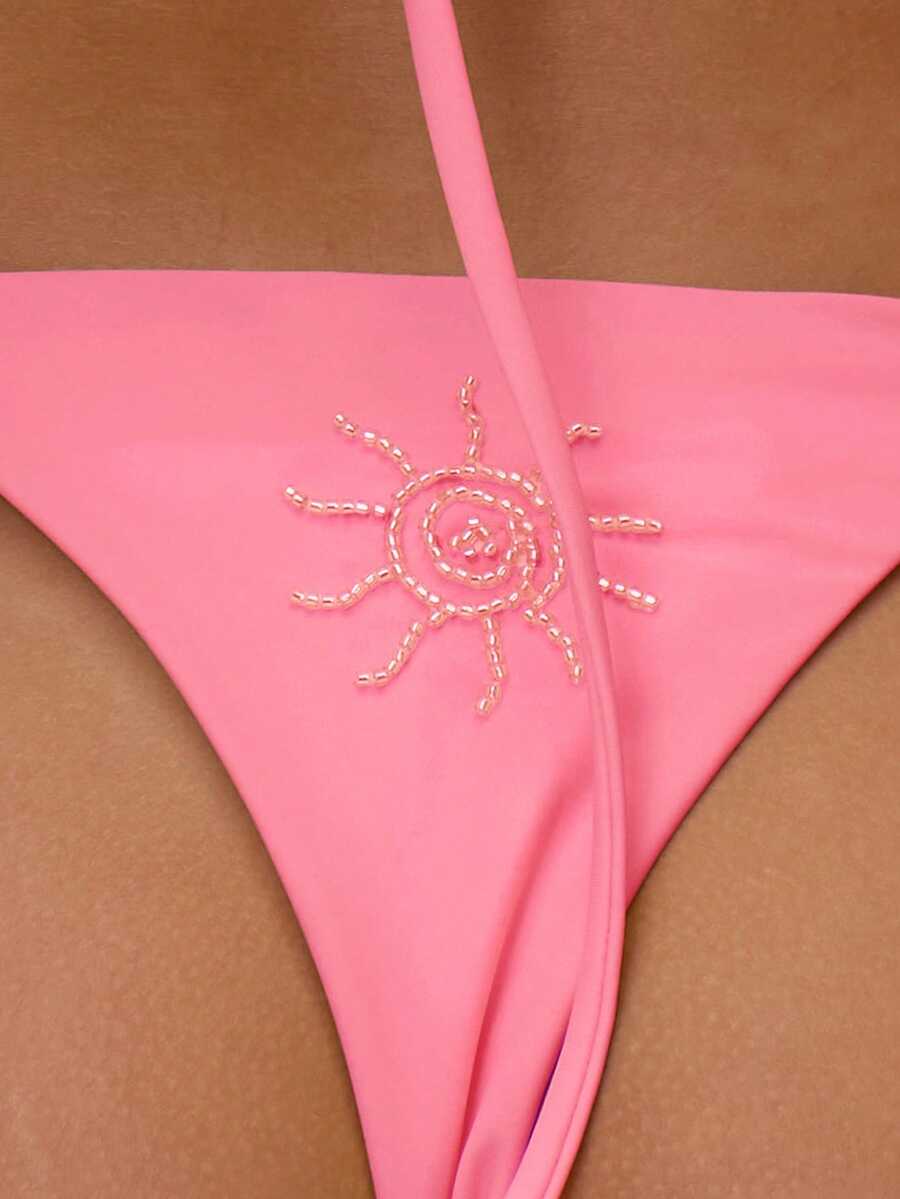 Beaded Sun Applique Tie Side Bikini Bottoms – Summer Beach Vacation Swimwear