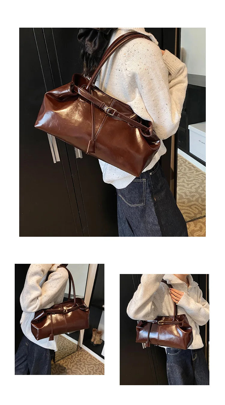 Women's Vintage PU Leather Shoulder Bag – Large Capacity Commuter Tote Handbag