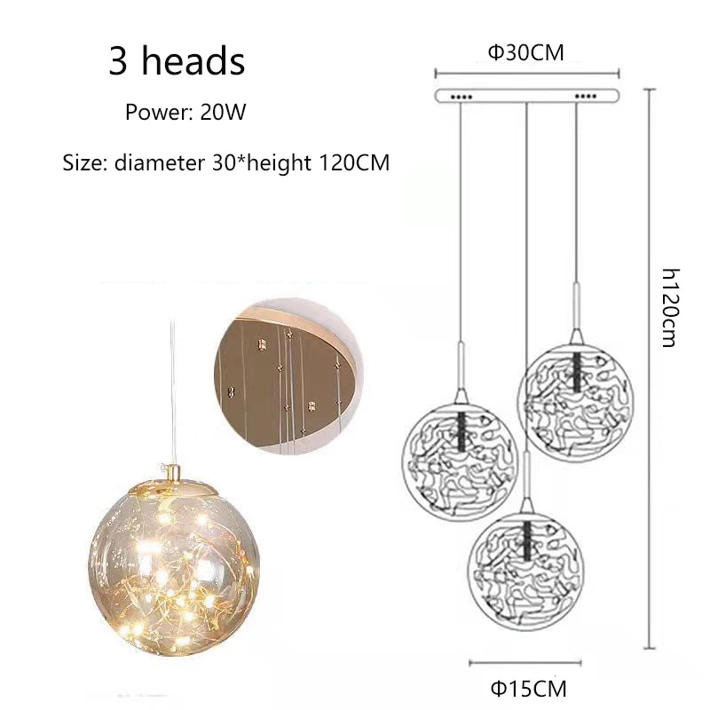 Modern LED Glass Ball Chandelier in neutral light 4000k above a stairwell