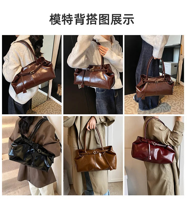 Women's Vintage PU Leather Shoulder Bag – Large Capacity Commuter Tote Handbag