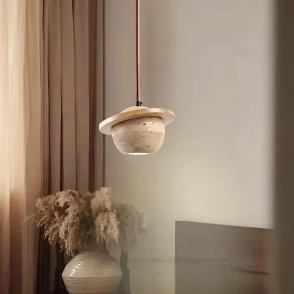Wabi-Sabi Travertine Stone Pendant Light in d-128 log in an entryway