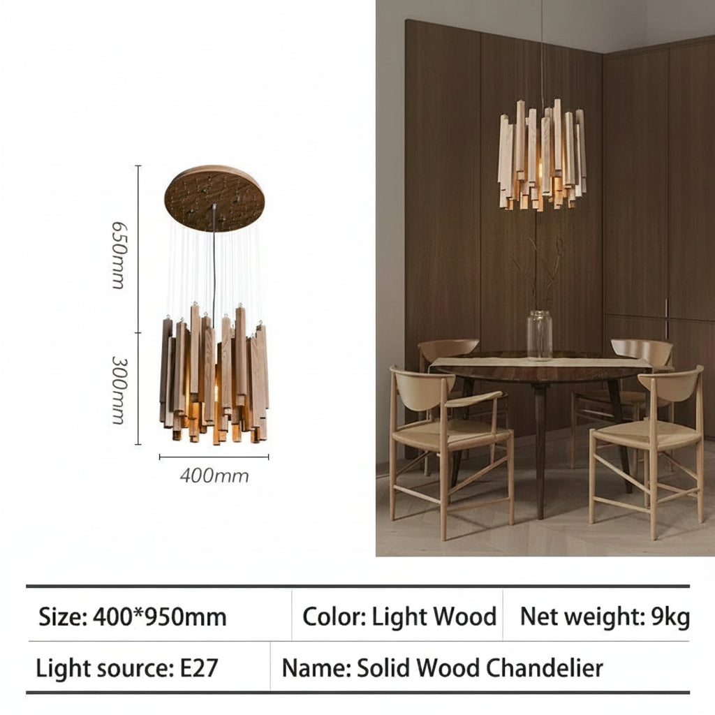 Retro Solid Wood Pendant Chandelier in light wood l100cm above a kitchen island