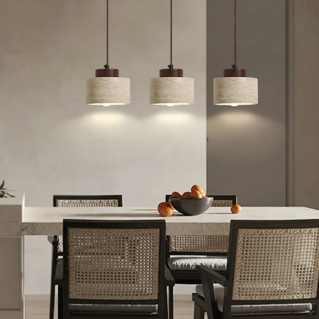 Travertine Stone LED Pendant Light in d052-p walnut color in a living room
