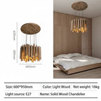 Retro Solid Wood Pendant Chandelier in light wood 100cm over a dining table
