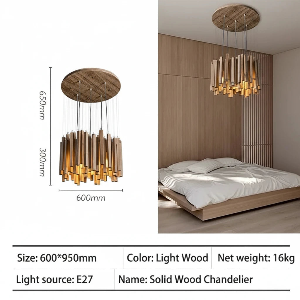 Retro Solid Wood Pendant Chandelier in light wood 100cm over a dining table