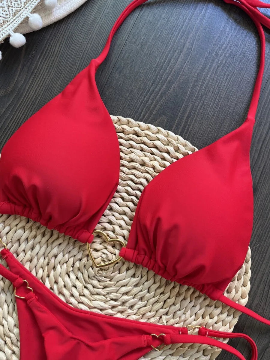 Red Halter Bikini Set – Triangle Cup Thong Swimsuit for Women