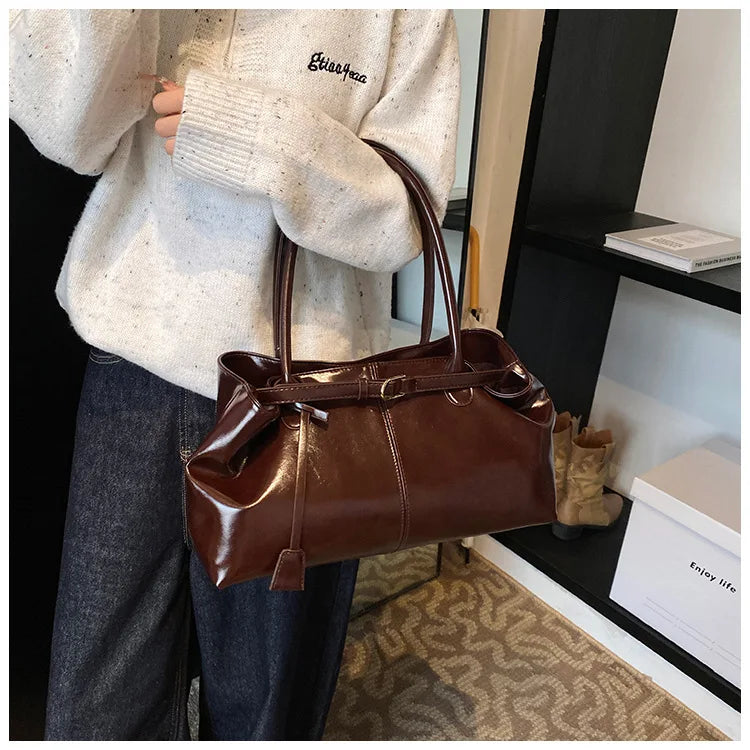 Women's Vintage PU Leather Shoulder Bag – Large Capacity Commuter Tote Handbag