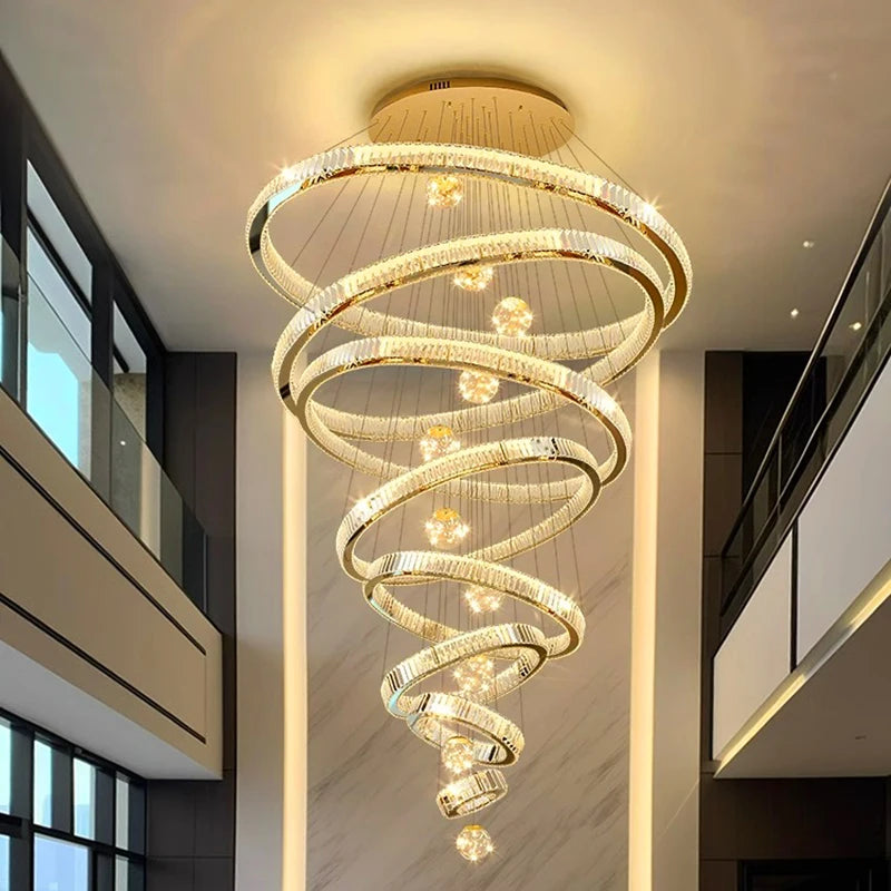 Modern Crystal Staircase Chandelier in gold 2 rings