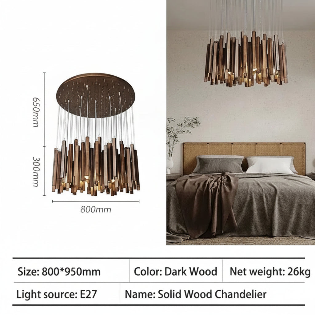 Retro Solid Wood Pendant Chandelier in light wood 120cm in a living room